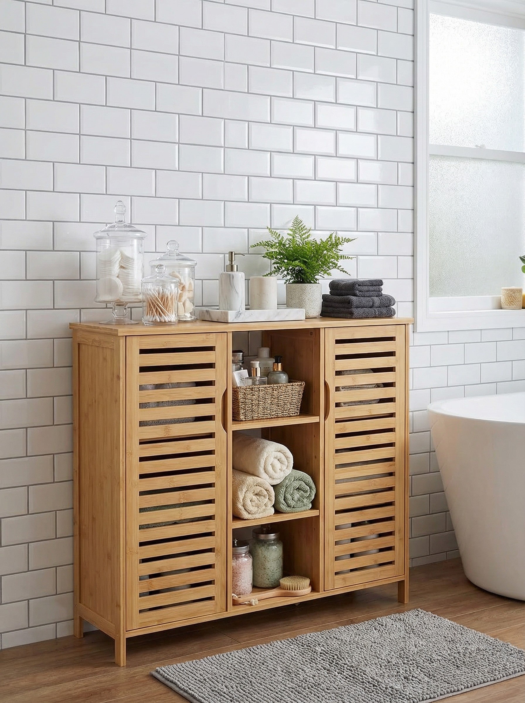 4-Tier Bamboo-Style Floor Storage Cabinet