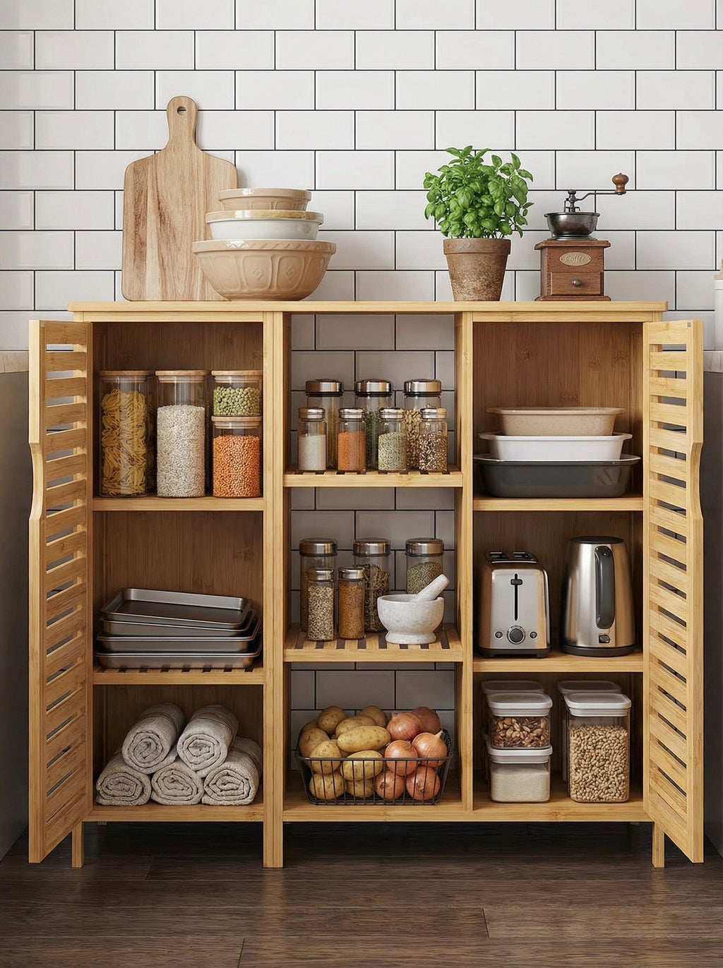 4-Tier Bamboo-Style Floor Storage Cabinet