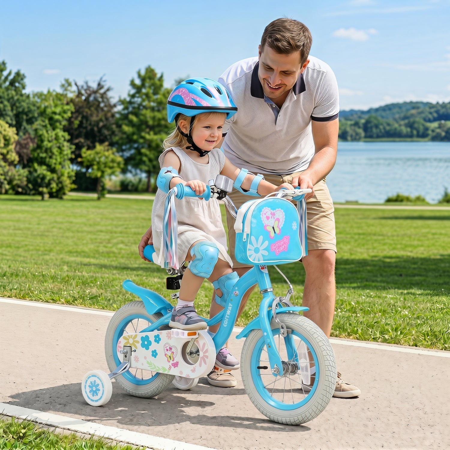 Girls bike 12-18 inch with training wheels and front bag