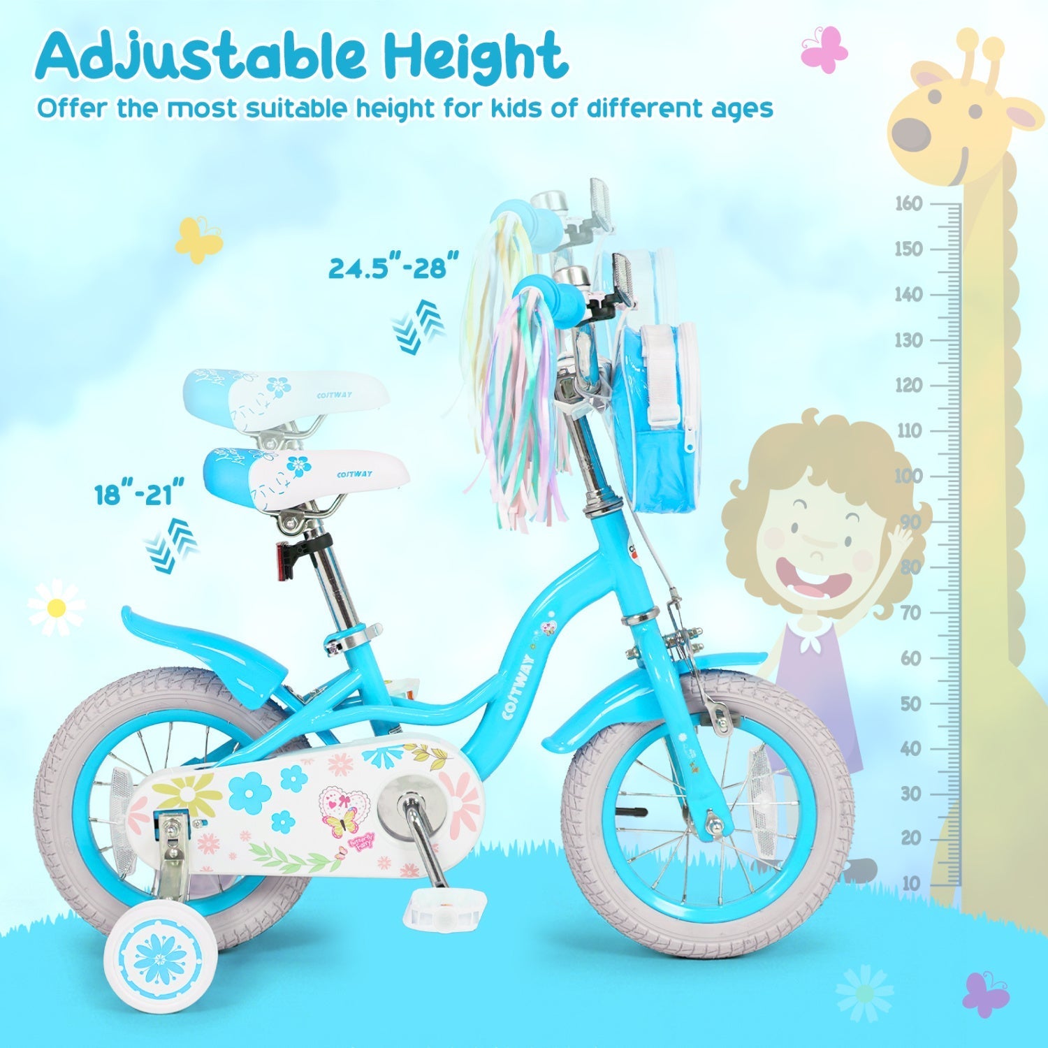 Girls bike 12-18 inch with training wheels and front bag