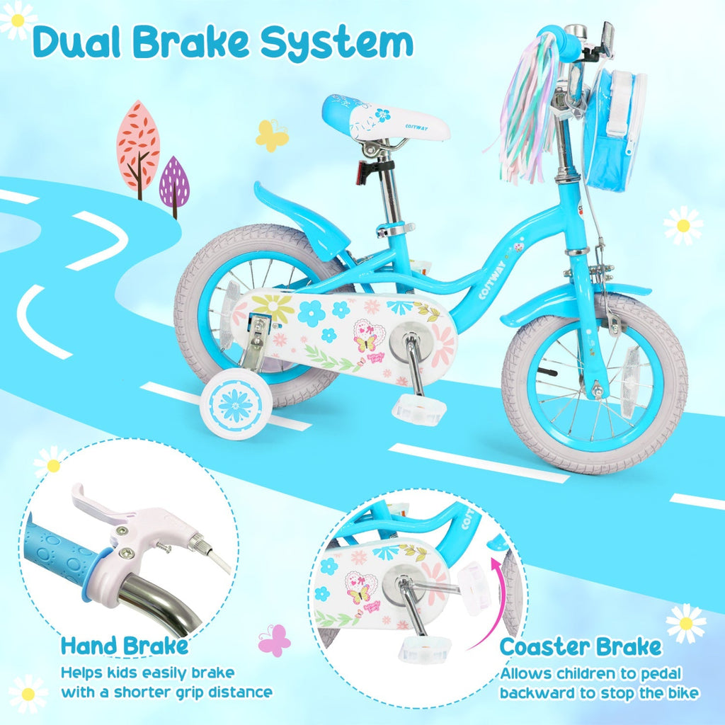 Girls bike 12-18 inch with training wheels and front bag