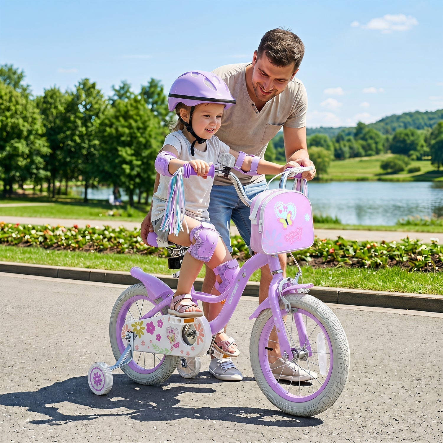 Girls bike 14-18 inch with training wheels and front bag