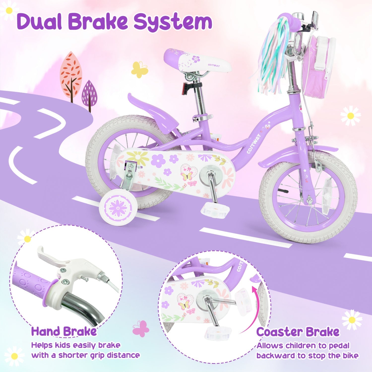 Girls bike 14-18 inch with training wheels and front bag