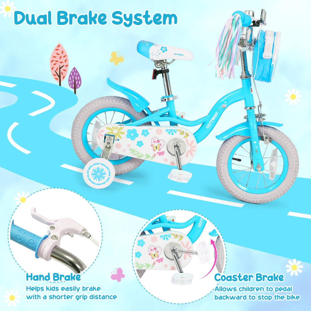 Girls bike 12-18 inch with training wheels and front bag