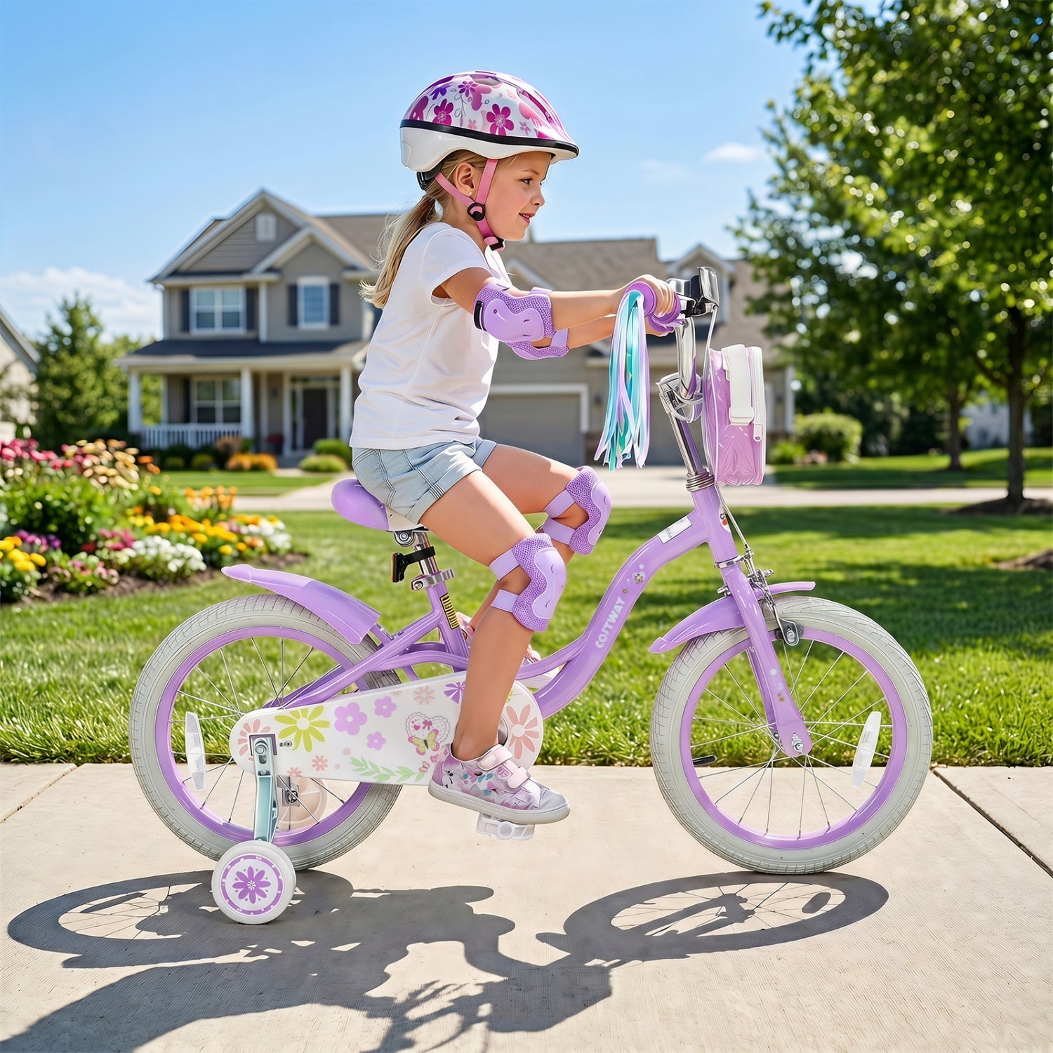 Girls bike 14-18 inch with training wheels and front bag
