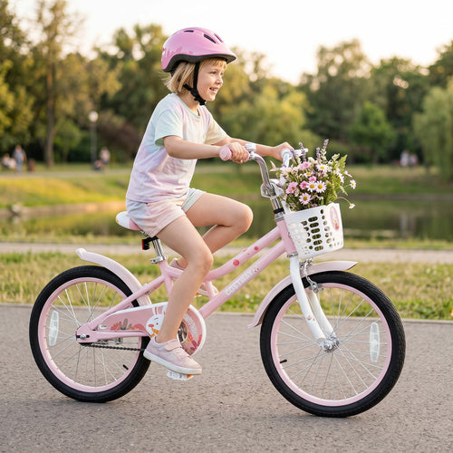 18-inch kids bike with training wheels and front basket