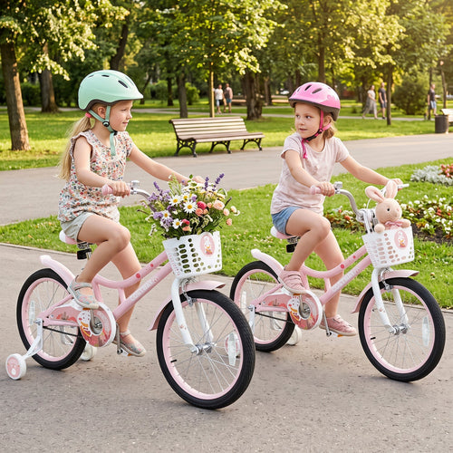 18-inch kids bike with training wheels and front basket