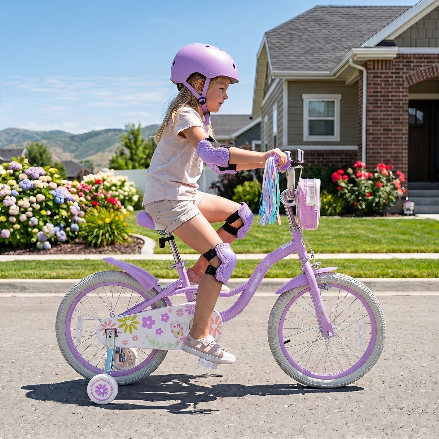 Girls bike 14-18 inch with training wheels and front bag