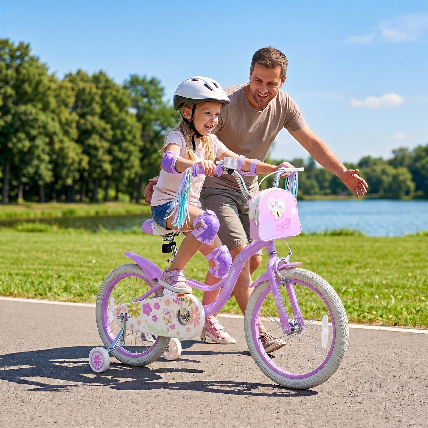 Girls bike 14-18 inch with training wheels and front bag