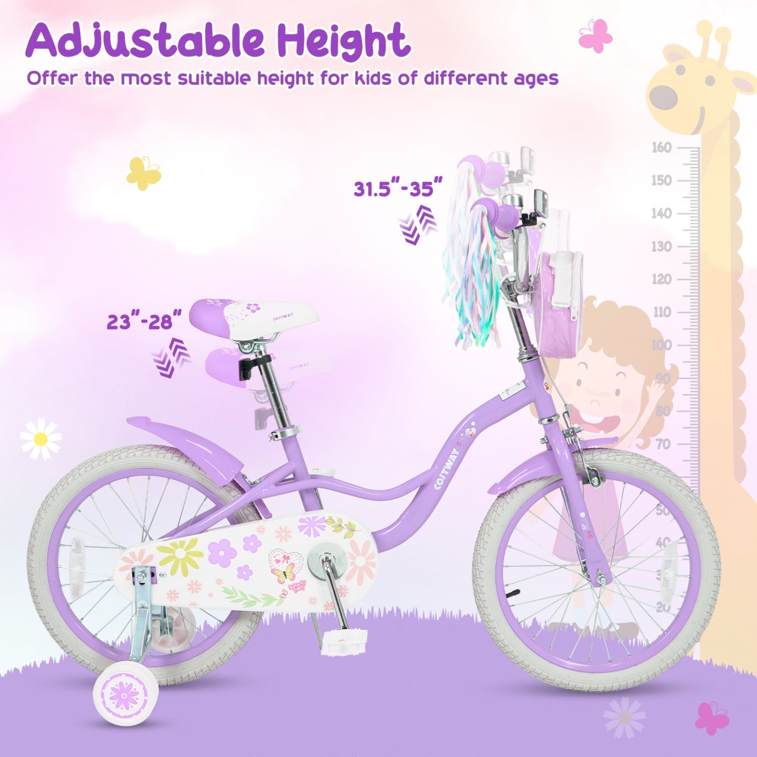 Girls bike 14-18 inch with training wheels and front bag