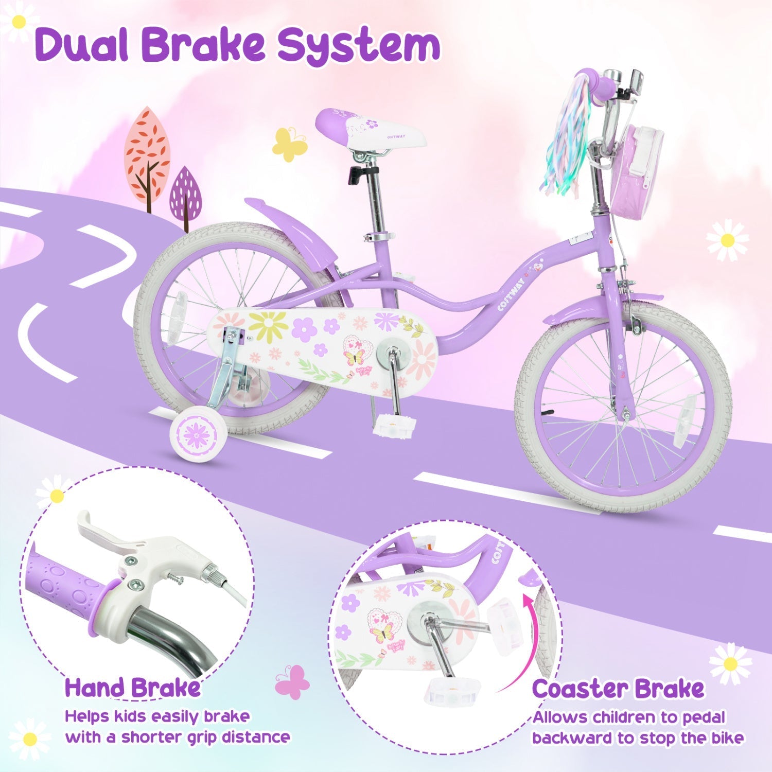 Girls bike 14-18 inch with training wheels and front bag