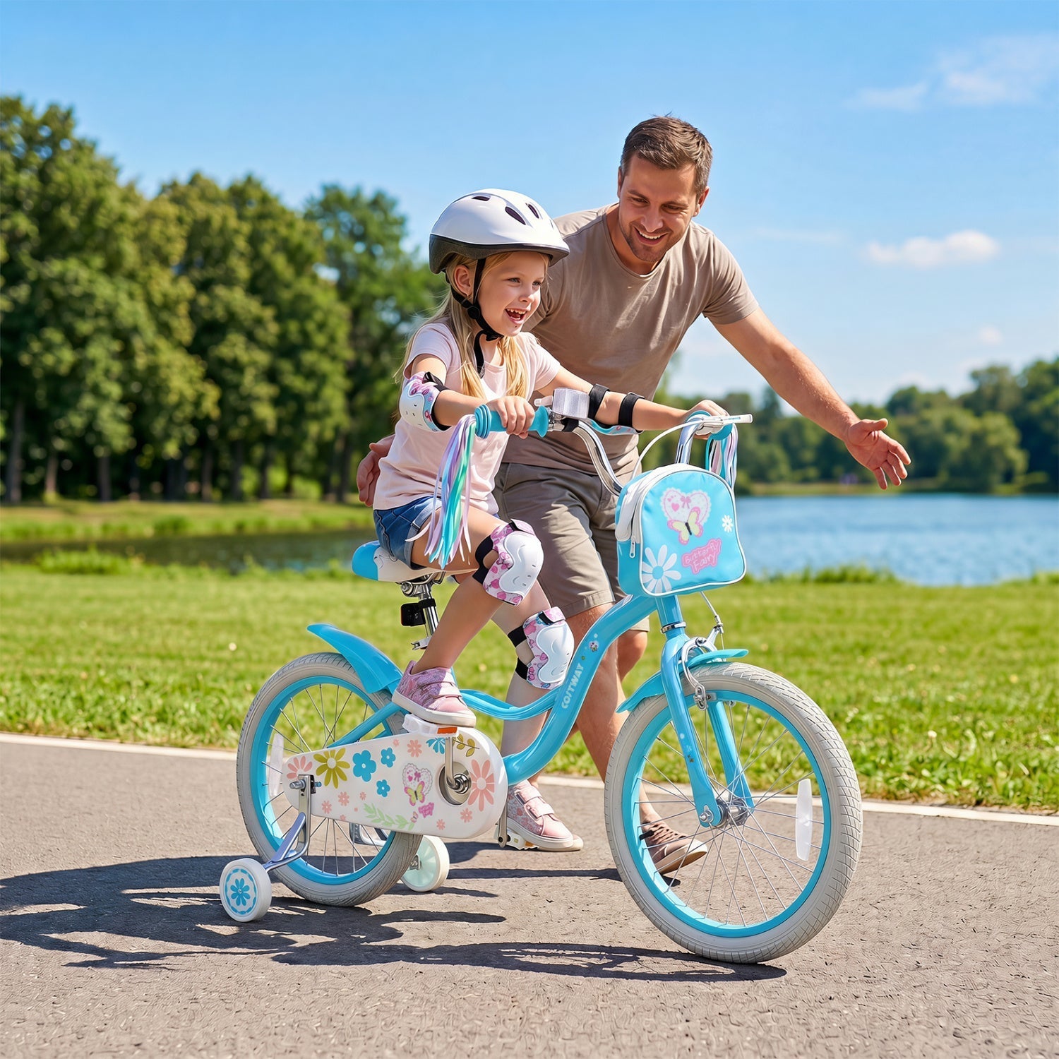 Girls bike 12-18 inch with training wheels and front bag