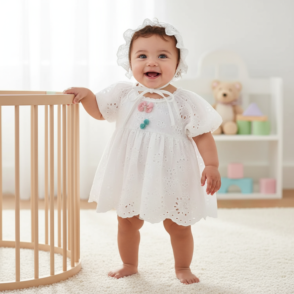Baby Girl Cotton Romper Dress with Matching Sun Hat