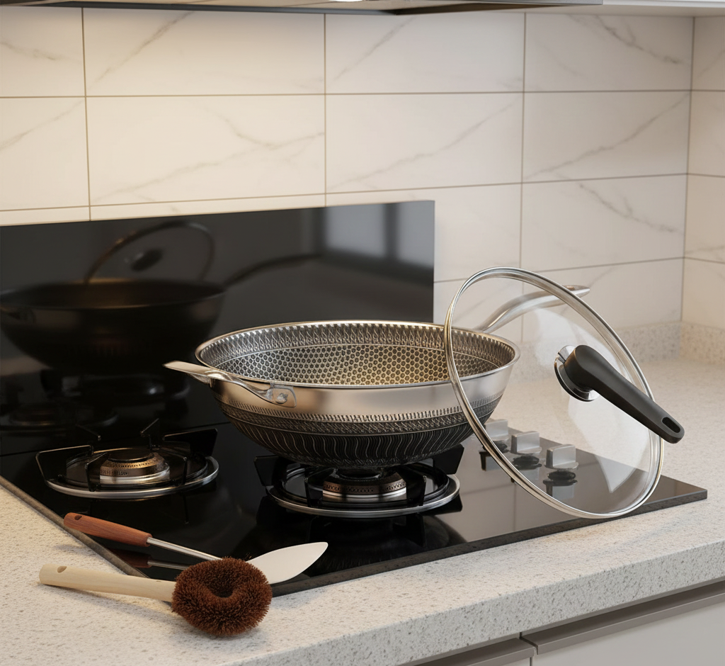 13.3" Stainless Steel Wok Set with Lid & Spatula