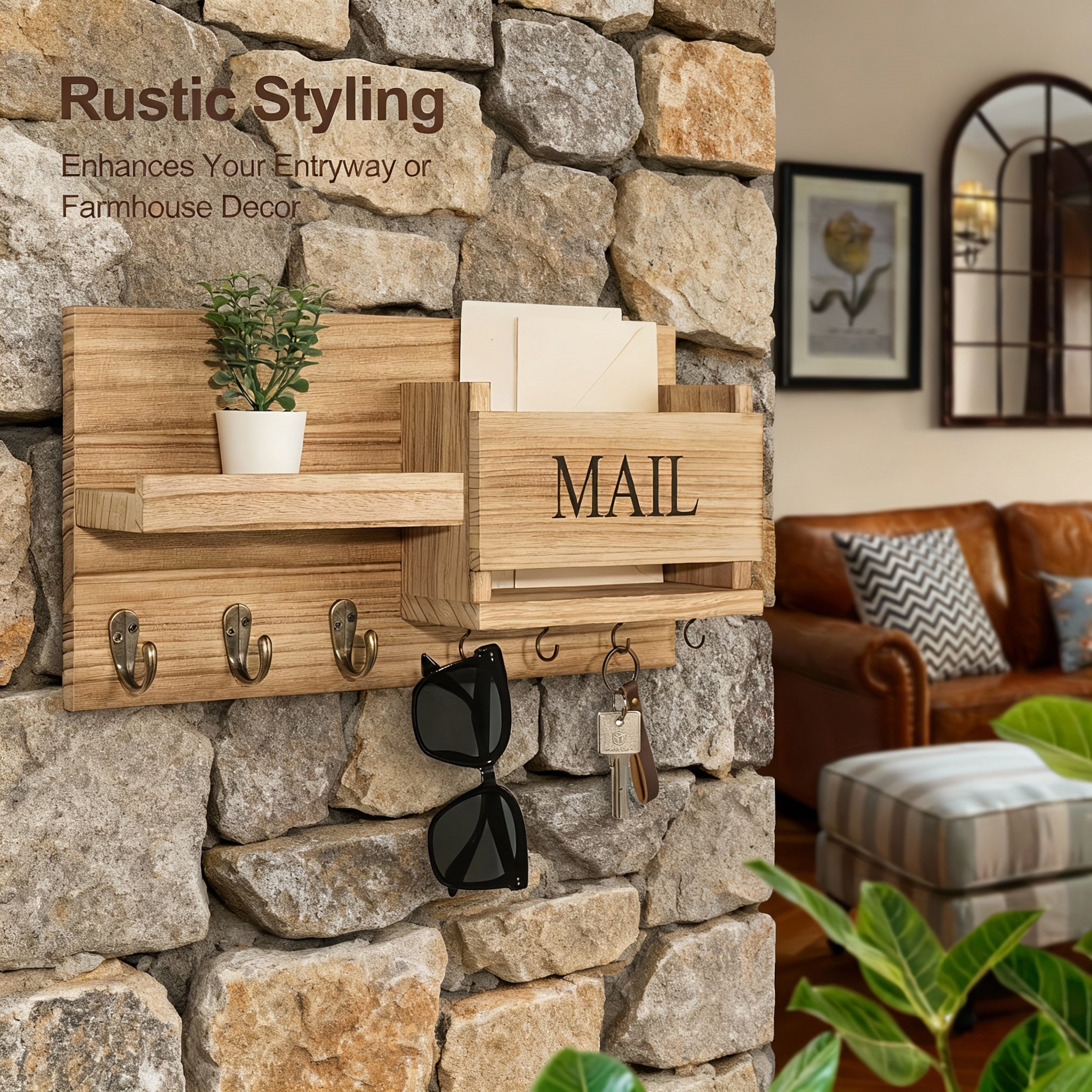 Vintage Wood Wall Organizer with Hooks & Mail Rack