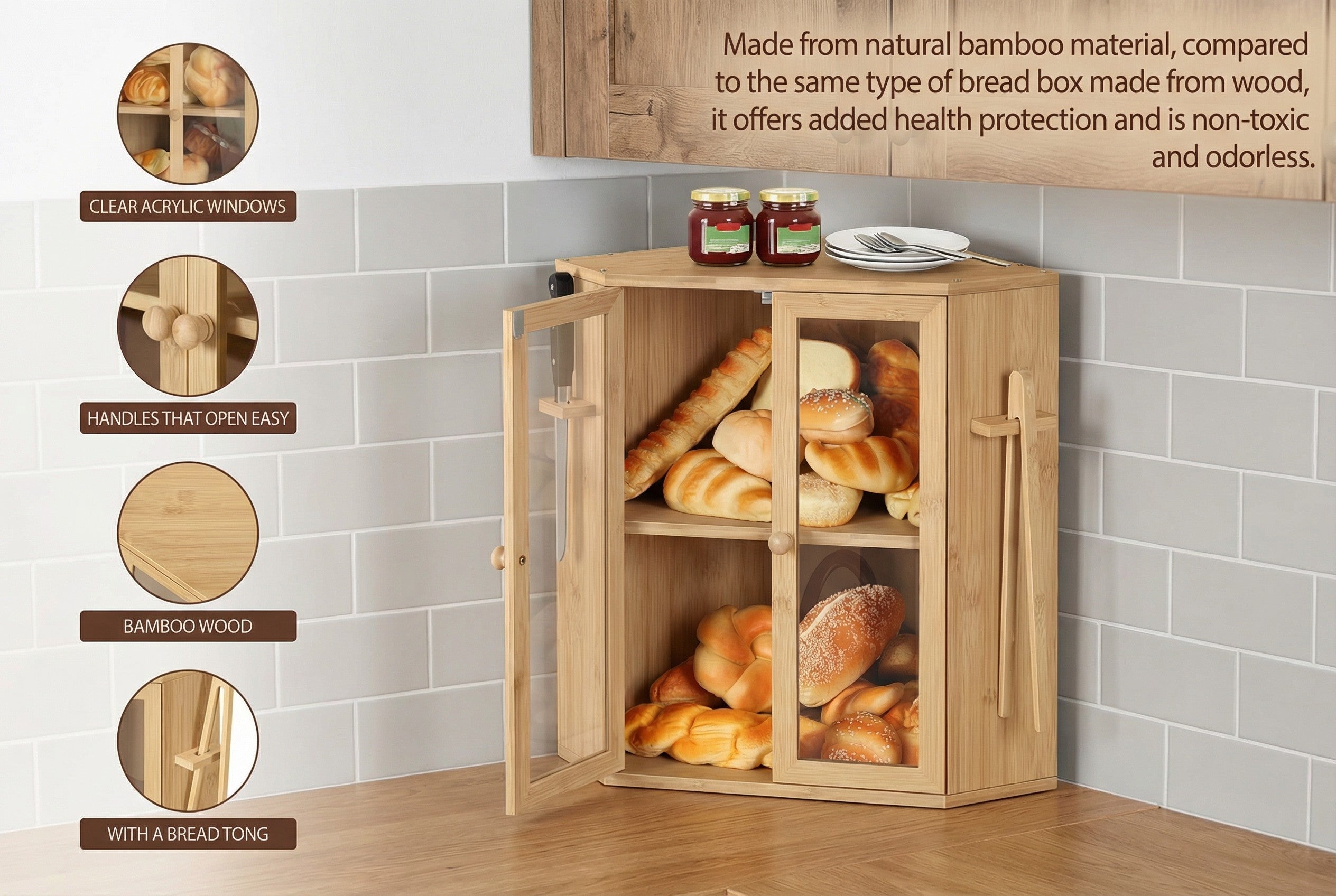 2-Tier Bamboo Bread Box with Clear Doors