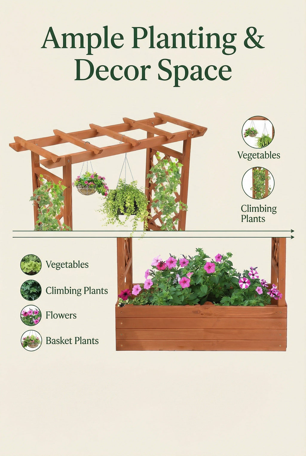 Raised Wooden Planter Box with Tall Trellis