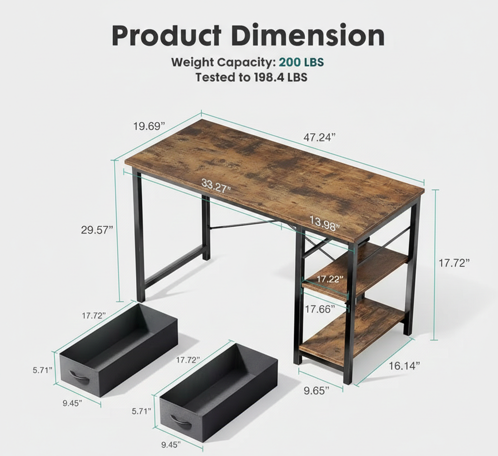 40/47" Computer Desk with Fabric Drawers
