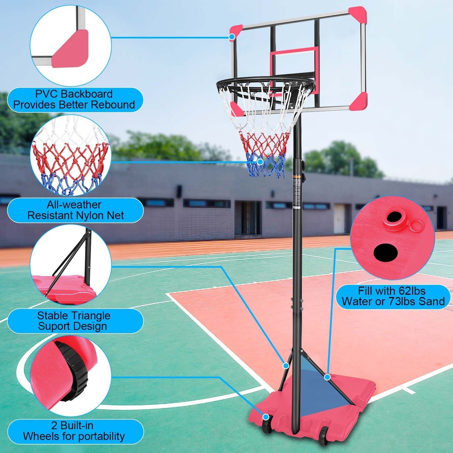 Kids Adjustable Basketball Hoop – Blue or Pink, 5.6–7 ft