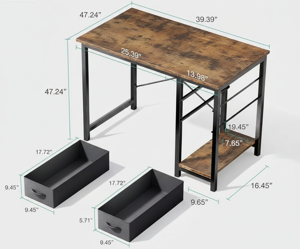 40/47" Computer Desk with Fabric Drawers