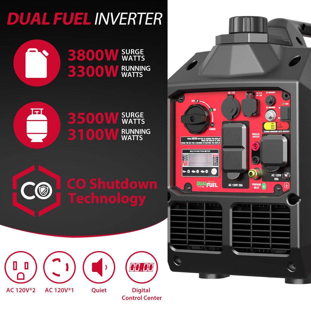3800W Gas/Propane Dual Fuel Inverter Generator w/ CO Alert HB5040DC