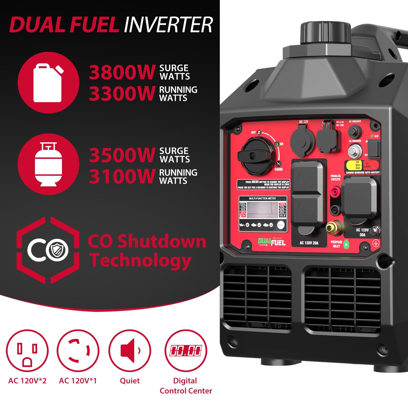 3800W Gas/Propane Dual Fuel Inverter Generator w/ CO Alert HB5040DC