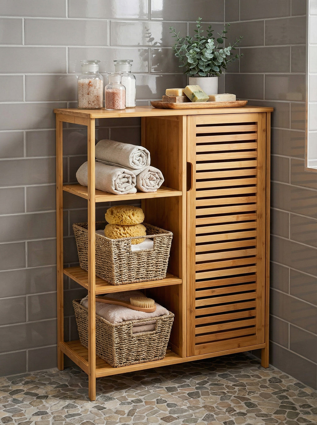 4-Tier Bamboo-Style Floor Storage Cabinet