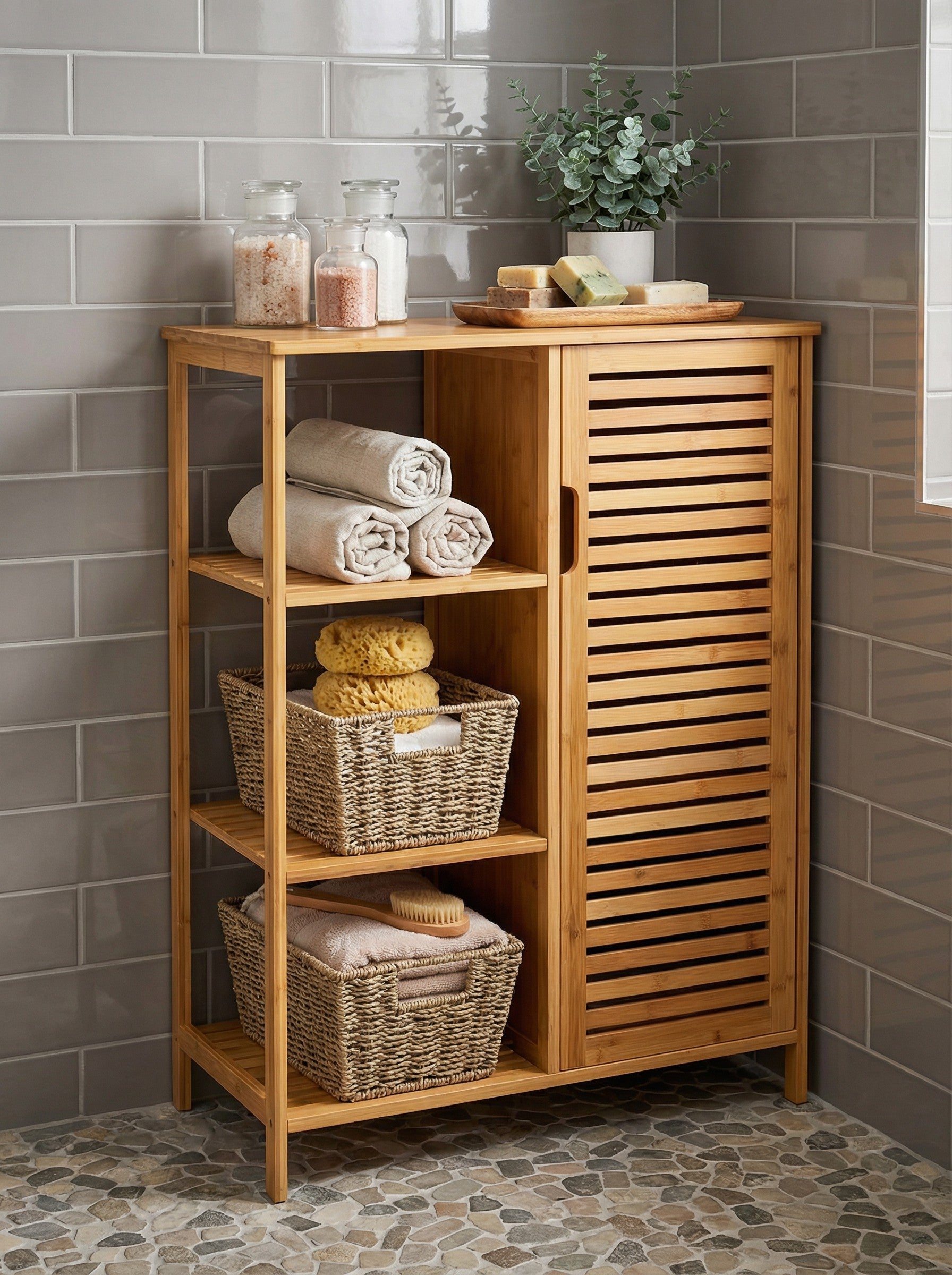 4-Tier Bamboo-Style Floor Storage Cabinet