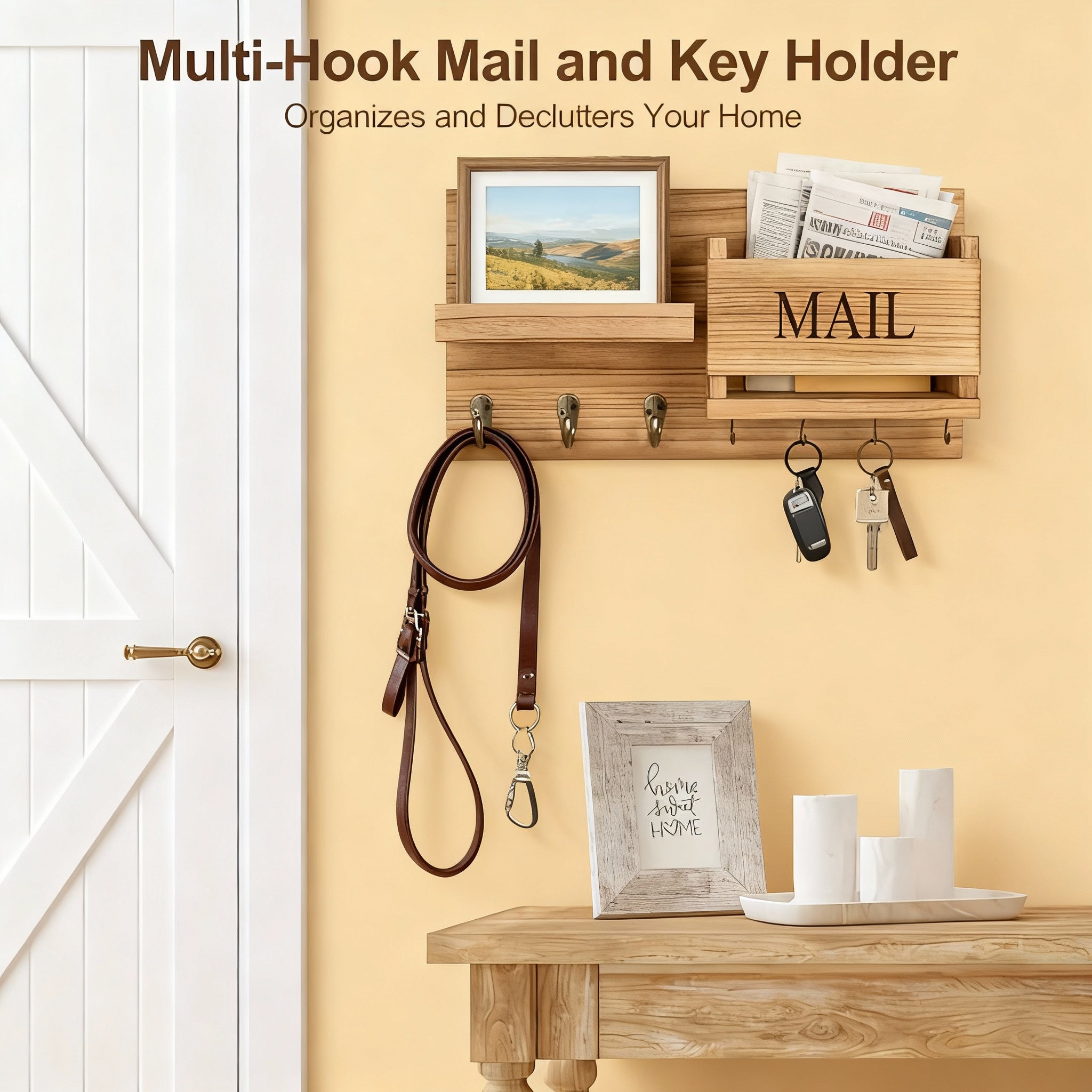 Vintage Wood Wall Organizer with Hooks & Mail Rack