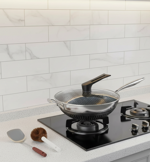 13.3" Stainless Steel Wok Set with Lid & Spatula