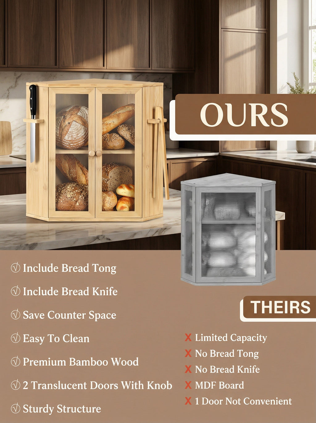 2-Tier Bamboo Bread Box with Clear Doors