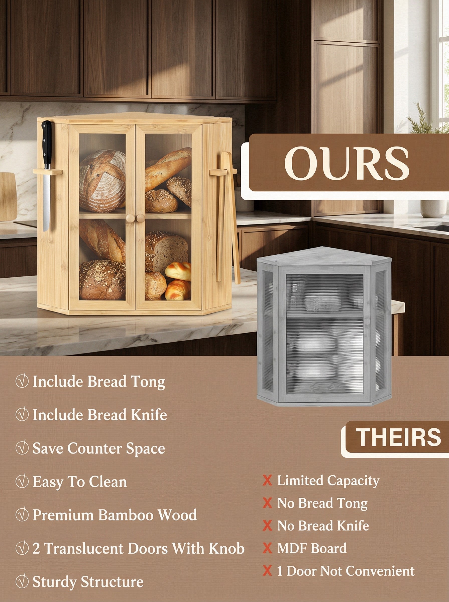 2-Tier Bamboo Bread Box with Clear Doors