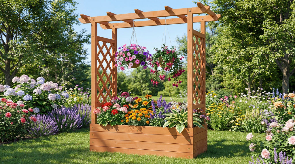 Raised Wooden Planter Box with Tall Trellis