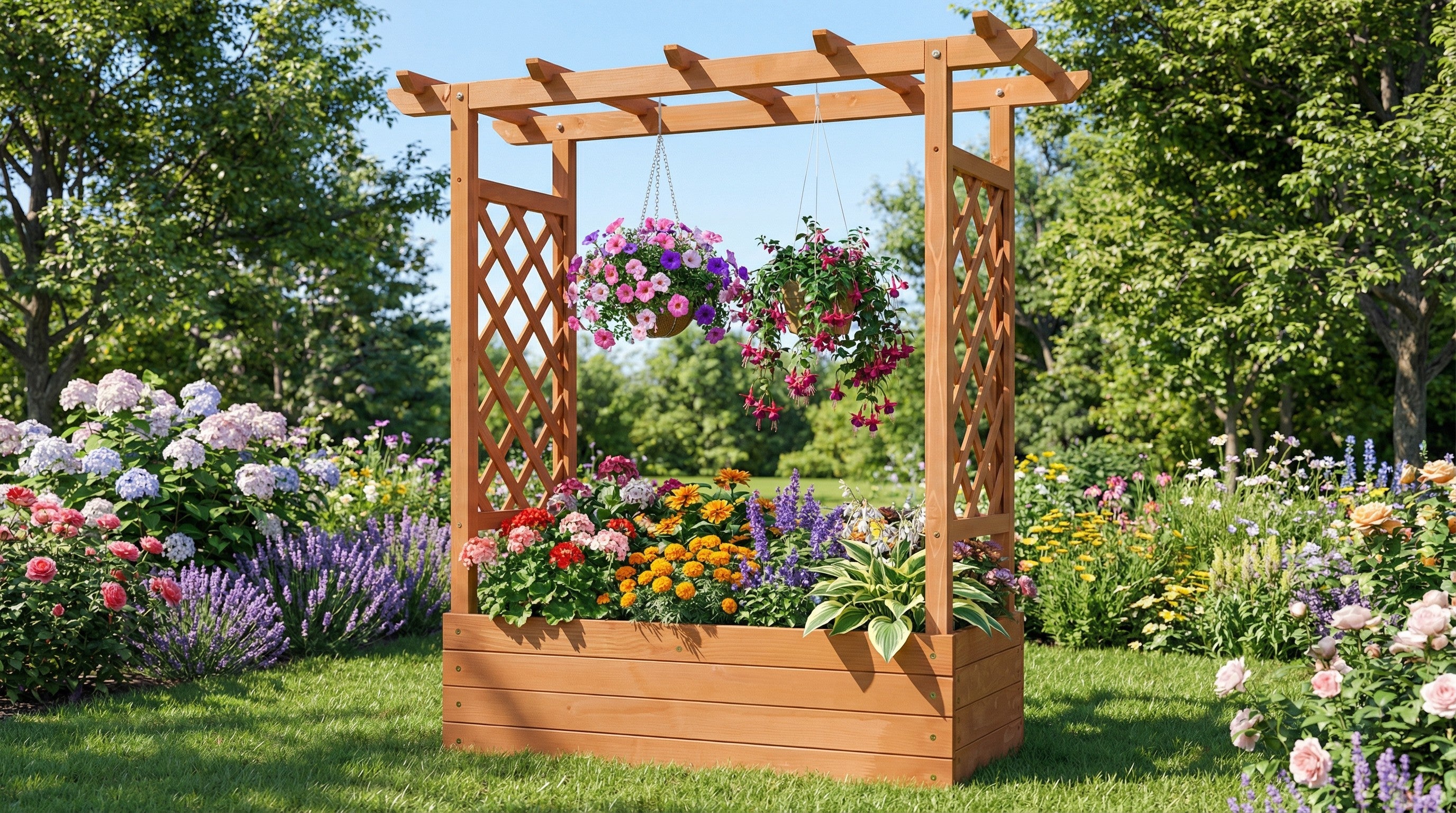 Raised Wooden Planter Box with Tall Trellis