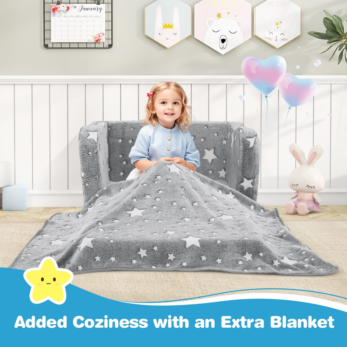 2-in-1 Glow-in-the-Dark Kids Couch with Blanket – Gray