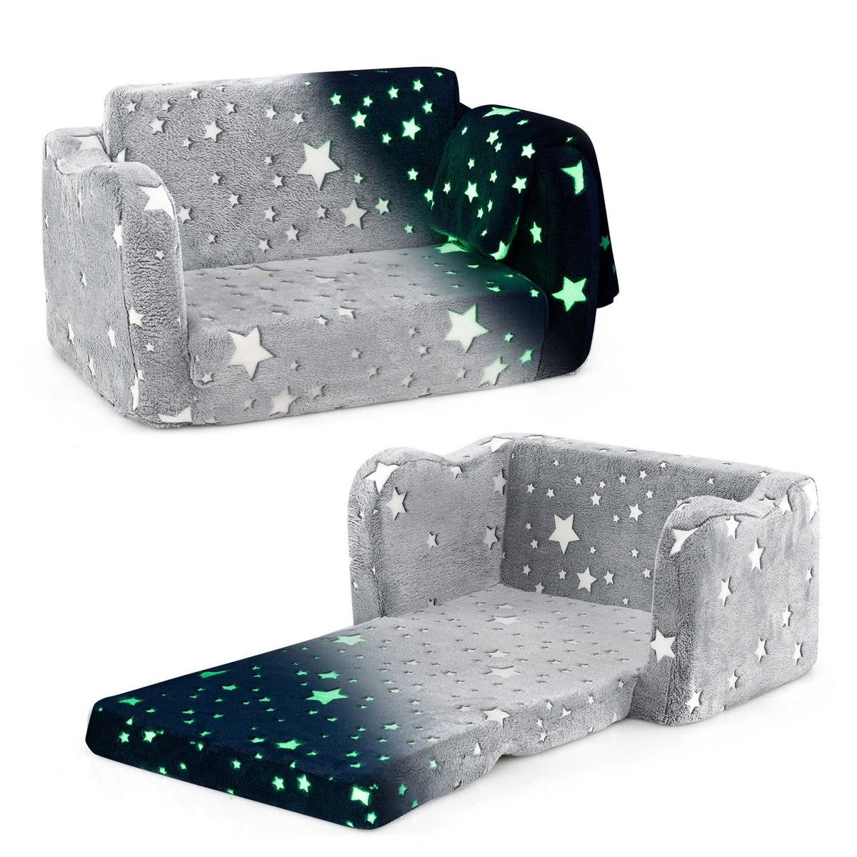 2-in-1 Glow-in-the-Dark Kids Couch with Blanket – Gray