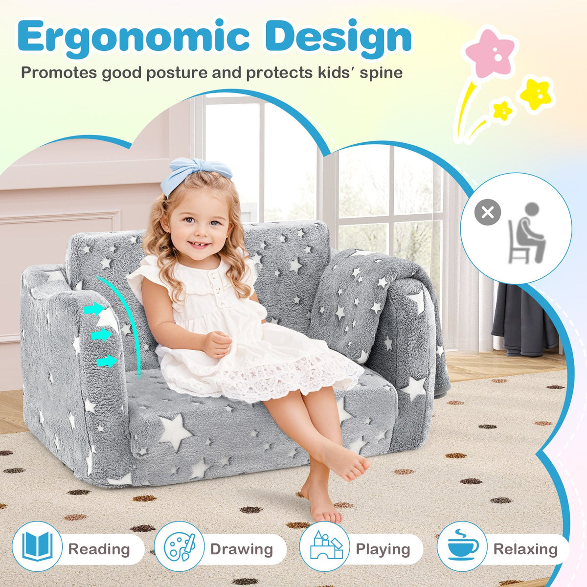 2-in-1 Glow-in-the-Dark Kids Couch with Blanket – Gray