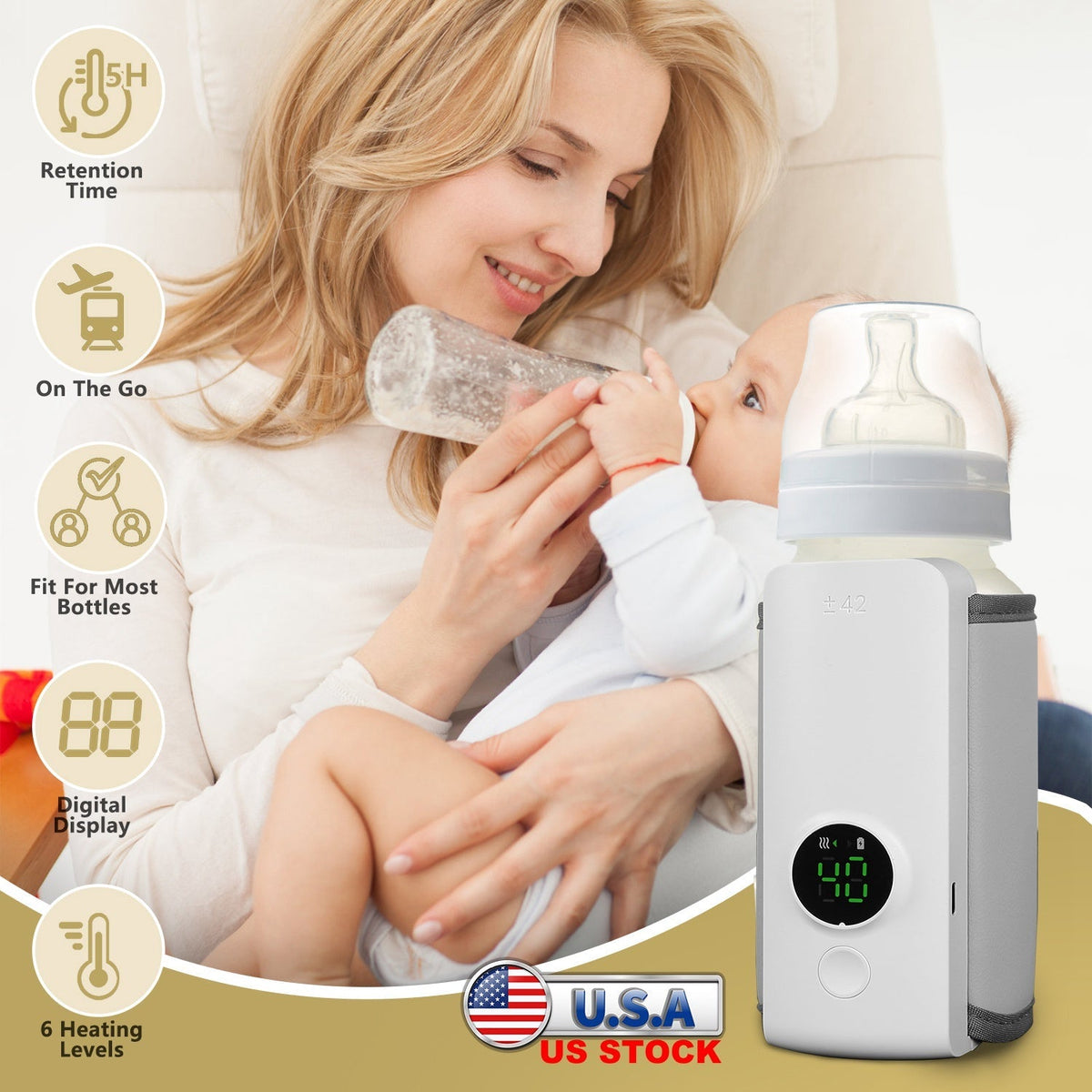 Portable Baby Bottle Warmer – USB Rechargeable, 6 Heat Settings