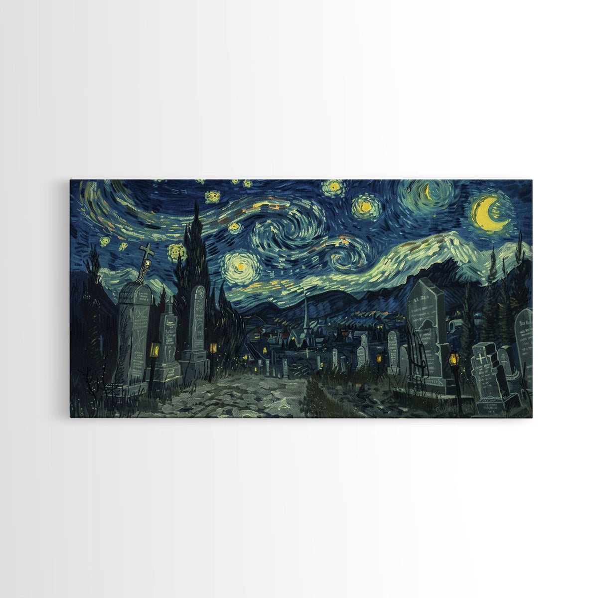Haunted Graveyard Starry Night Framed Canvas Print