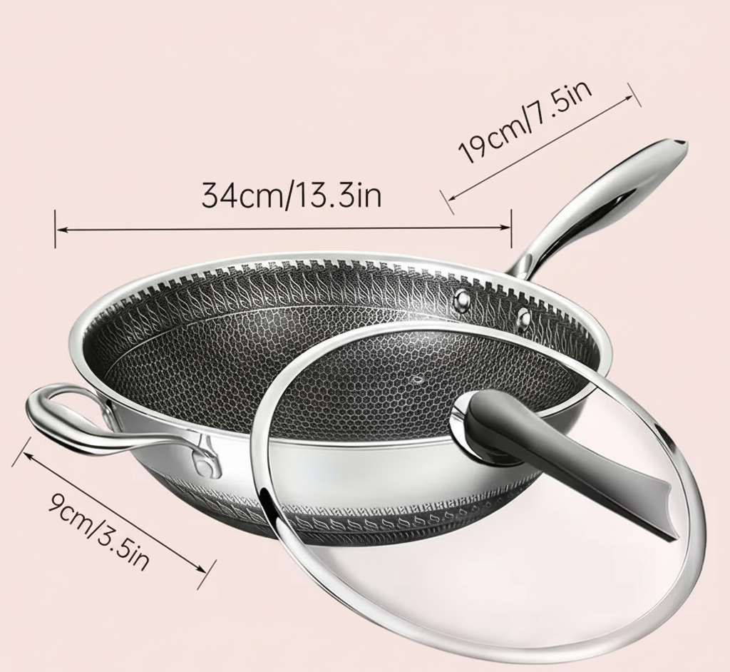 13.3" Stainless Steel Wok Set with Lid & Spatula