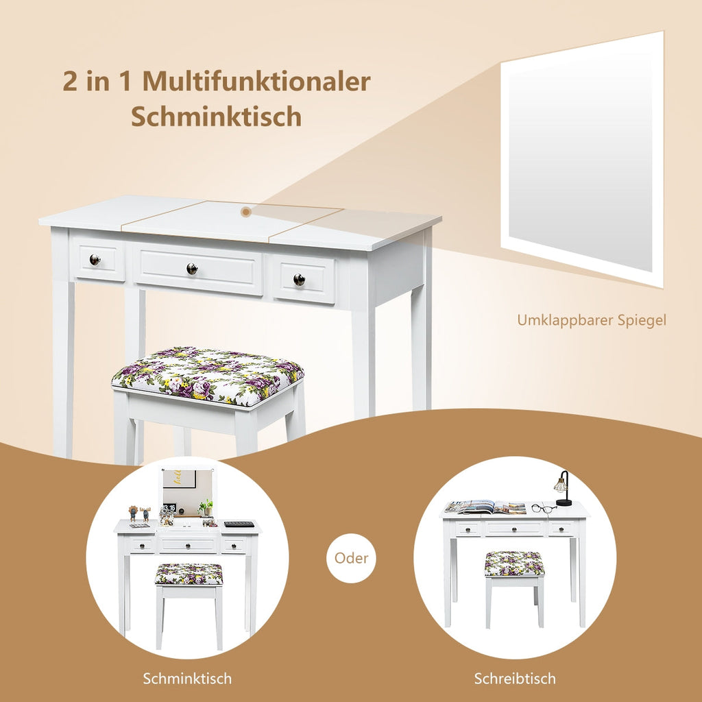 Vanity Table with Flip-Top Mirror & 3 Drawers