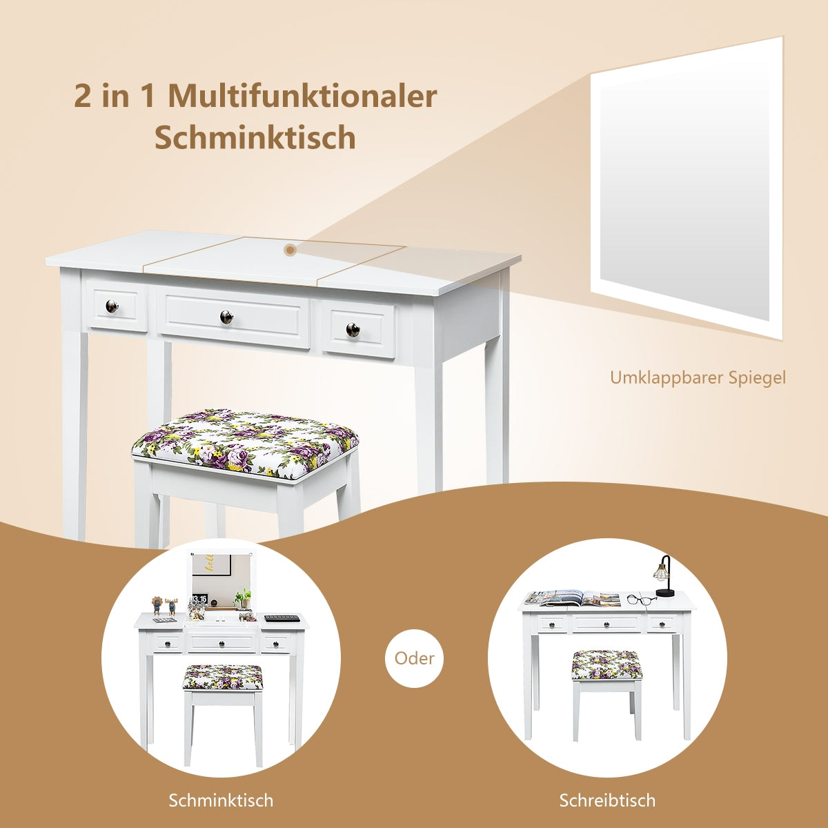 Vanity Table with Flip-Top Mirror & 3 Drawers