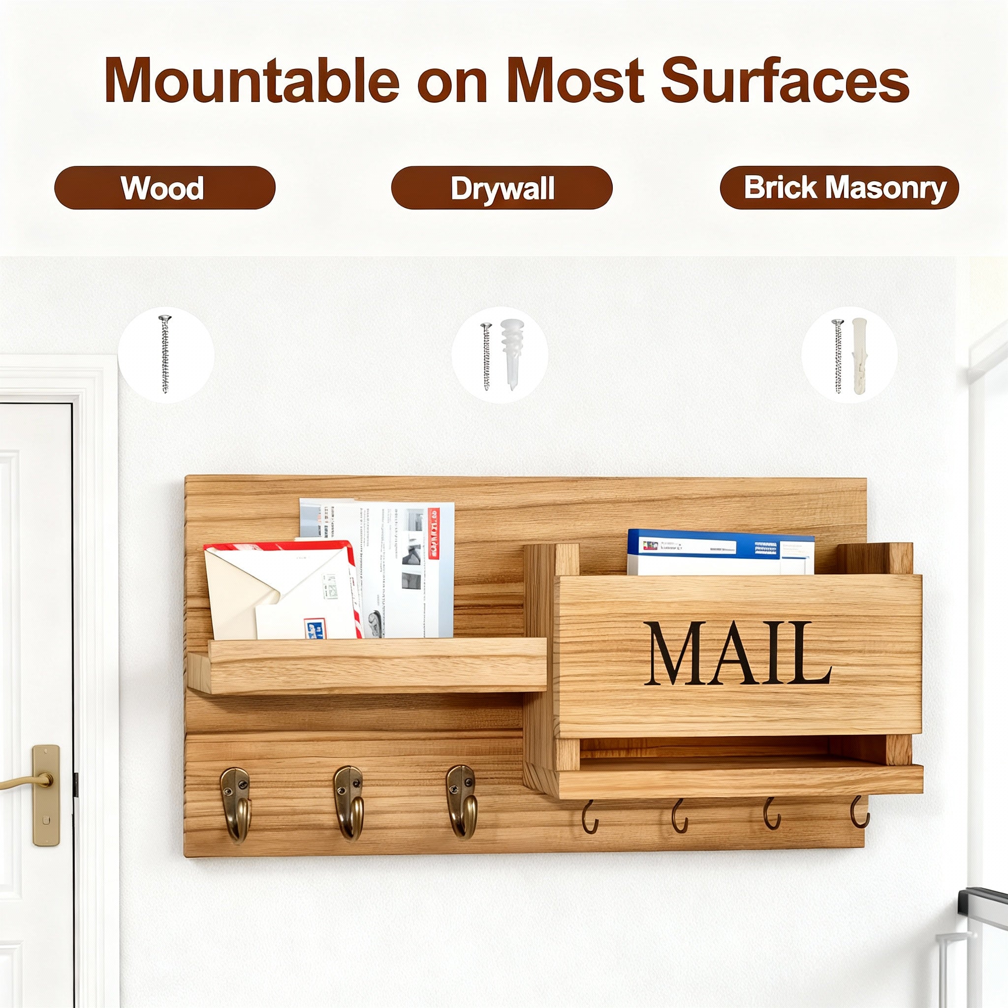 Vintage Wood Wall Organizer with Hooks & Mail Rack
