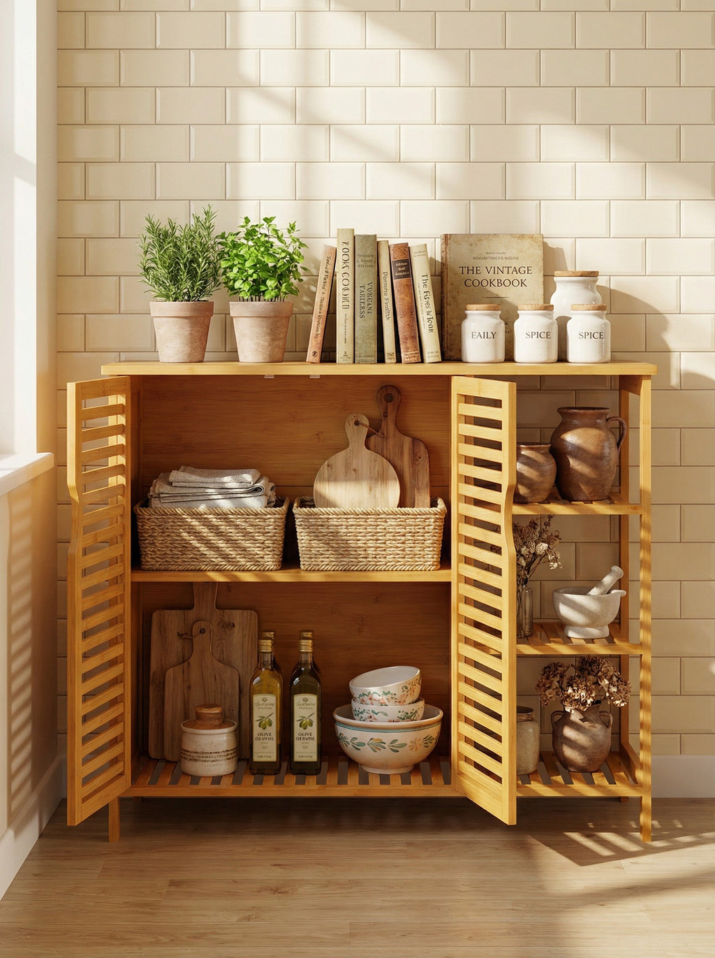 4-Tier Bamboo-Style Floor Storage Cabinet