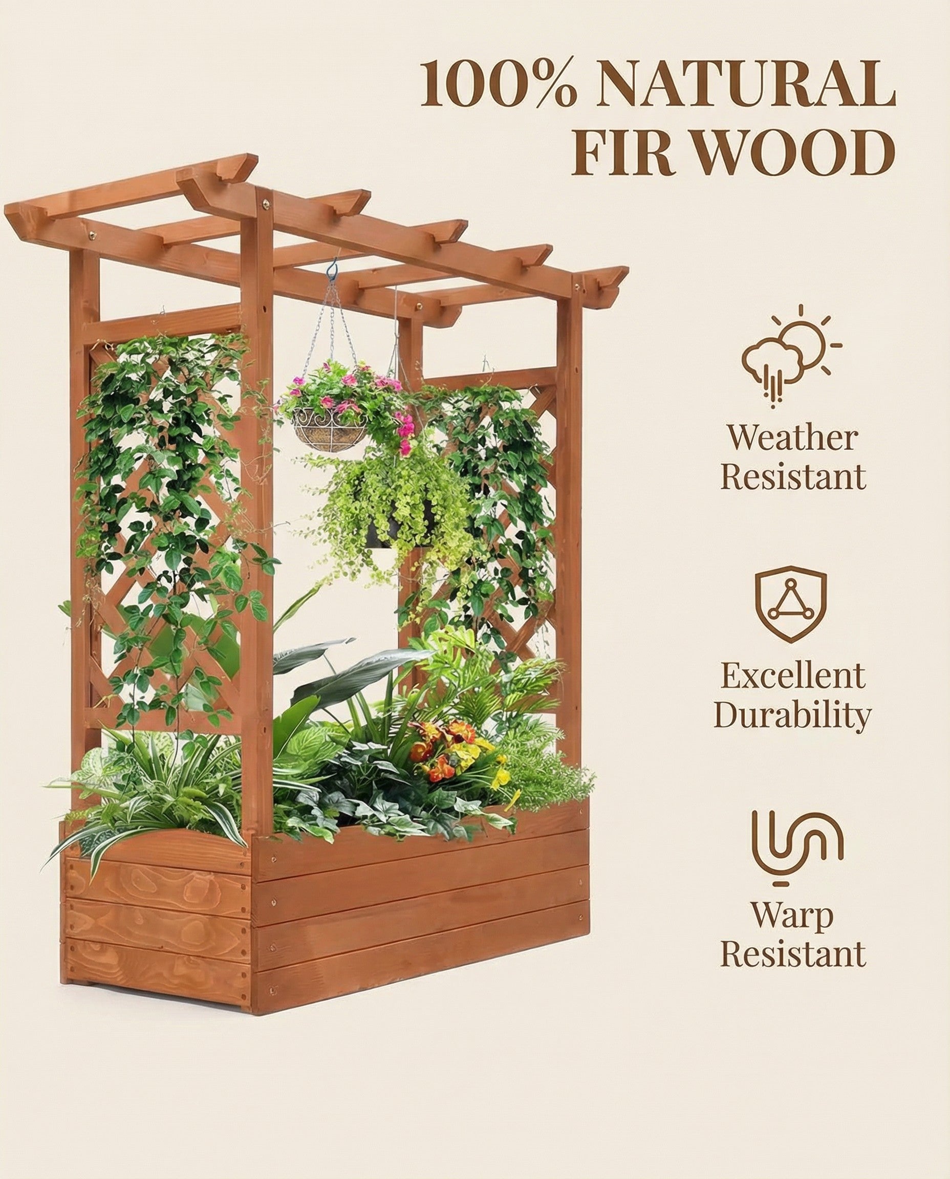 Raised Wooden Planter Box with Tall Trellis