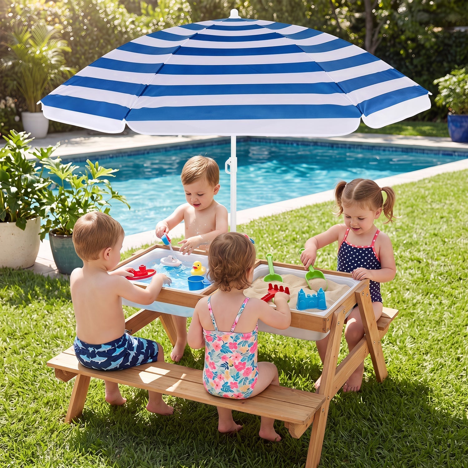 Kids Outdoor Picnic Sand & Water Table with Umbrella