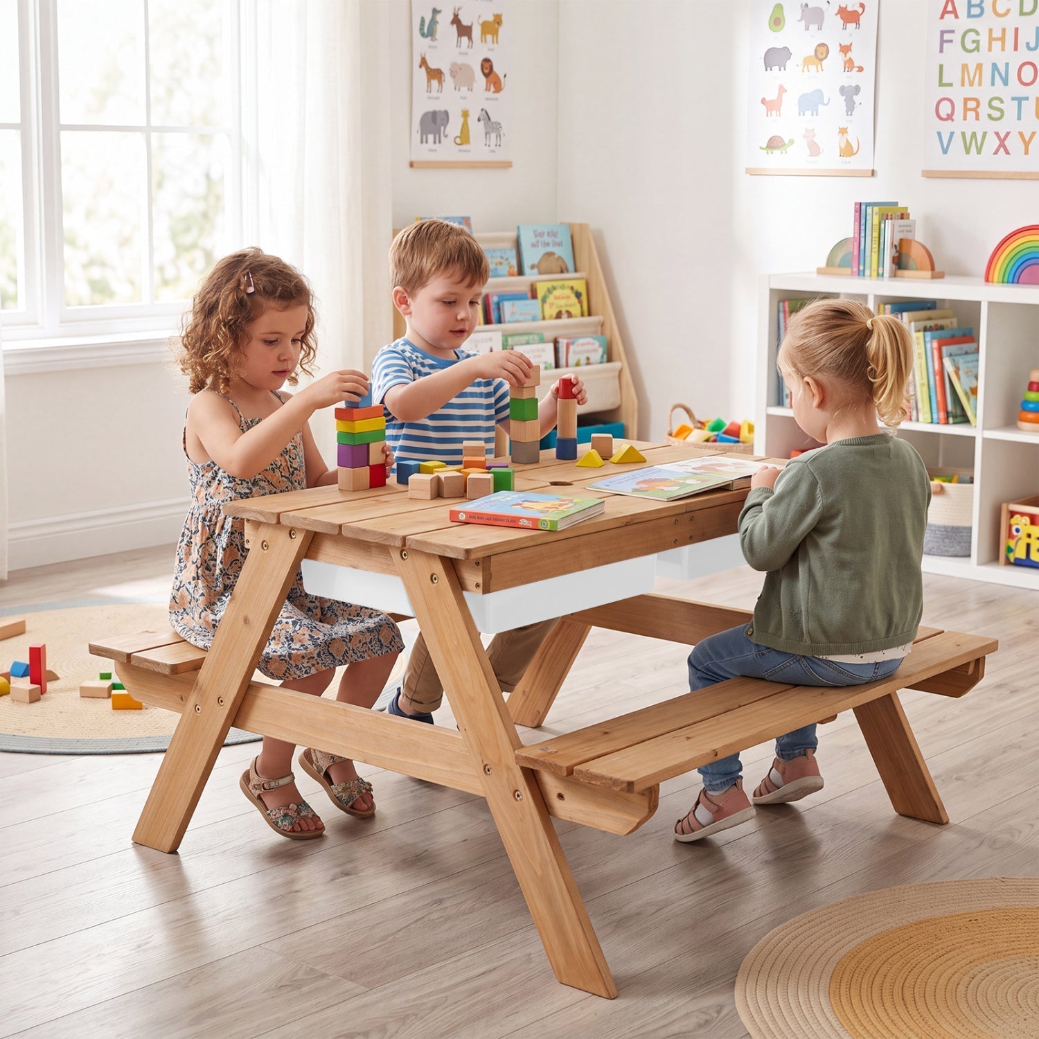 Kids Outdoor Picnic Sand & Water Table with Umbrella