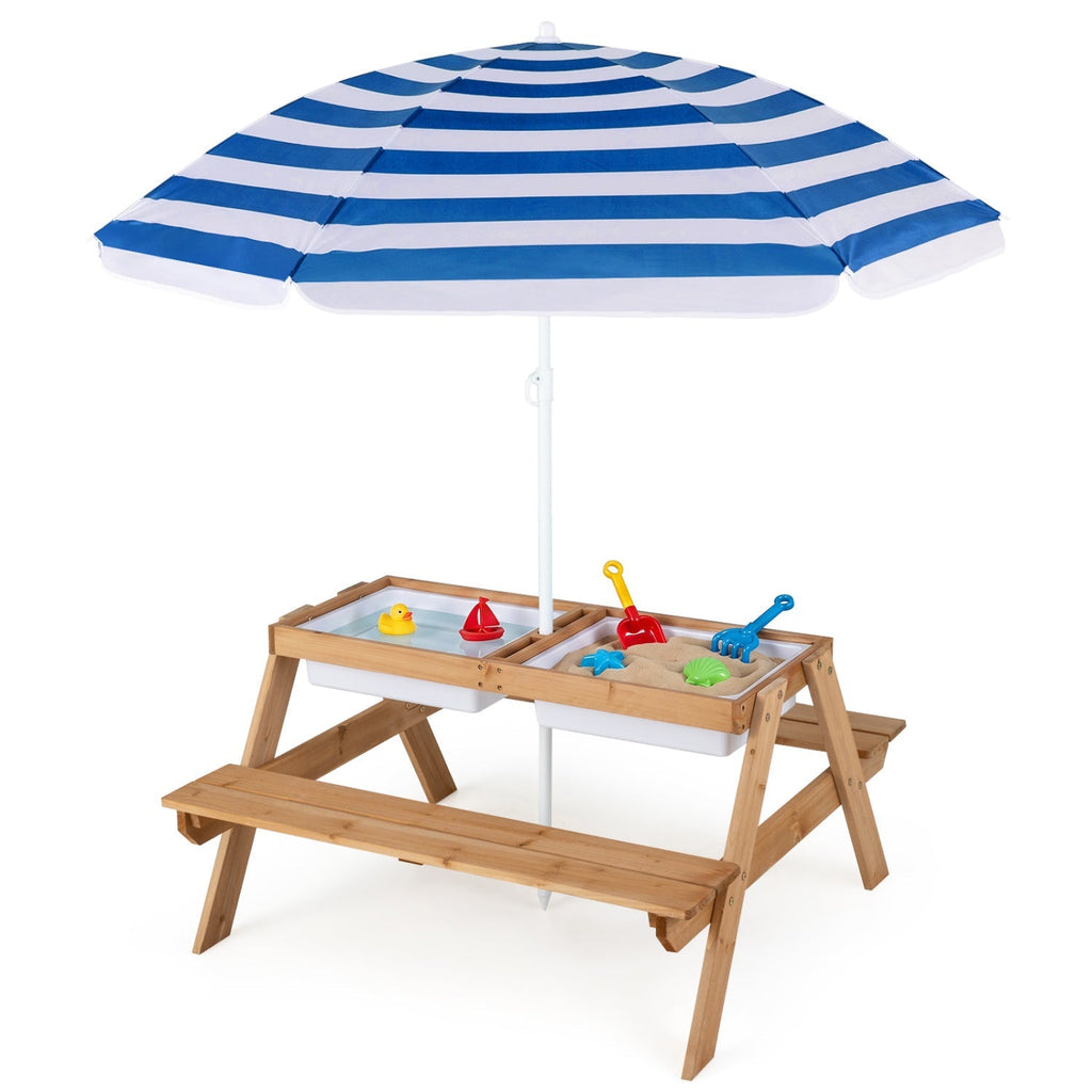 Kids Outdoor Picnic Sand & Water Table with Umbrella