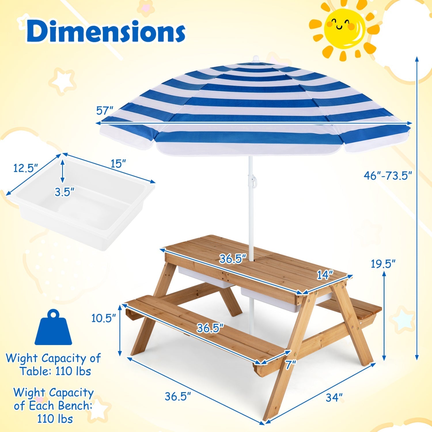 Kids Outdoor Picnic Sand & Water Table with Umbrella