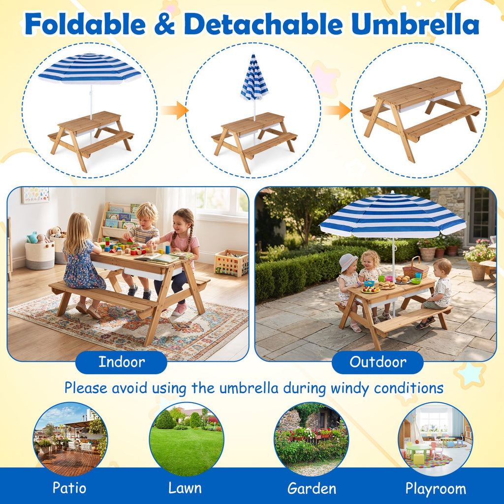 Kids Outdoor Picnic Sand & Water Table with Umbrella